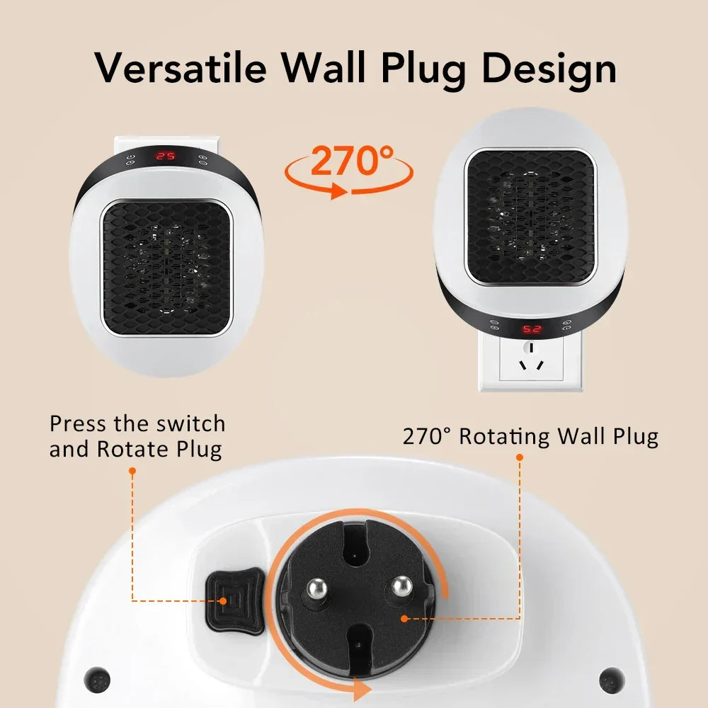 ThermoLux 600W mini väggvärmare | Kompakt elektrisk värmare med fjärrkontroll | Stickkontaktsvärmare med termostat och timer | Värmer på 3 sekunder